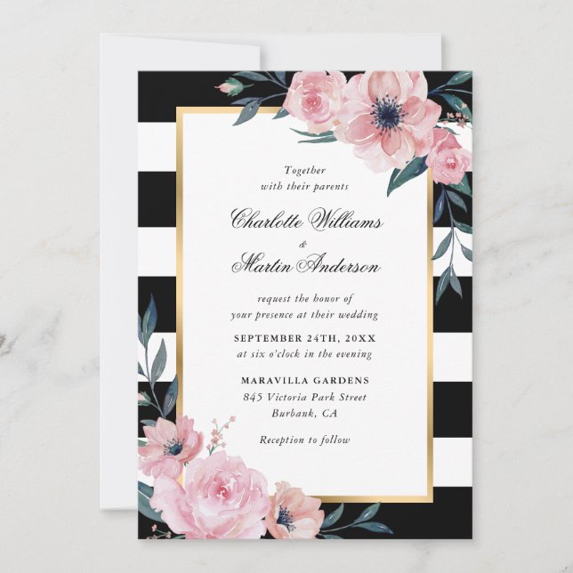 Modern Pink Floral Black Striped Wedding Invitation (Front)