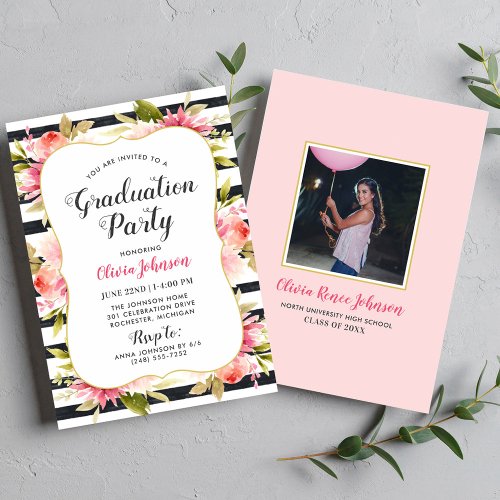 Modern Pink Floral Black Stripes Graduation Party Invitation