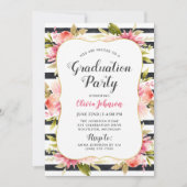 Modern Pink Floral Black Stripes Graduation Party Invitation (Front)