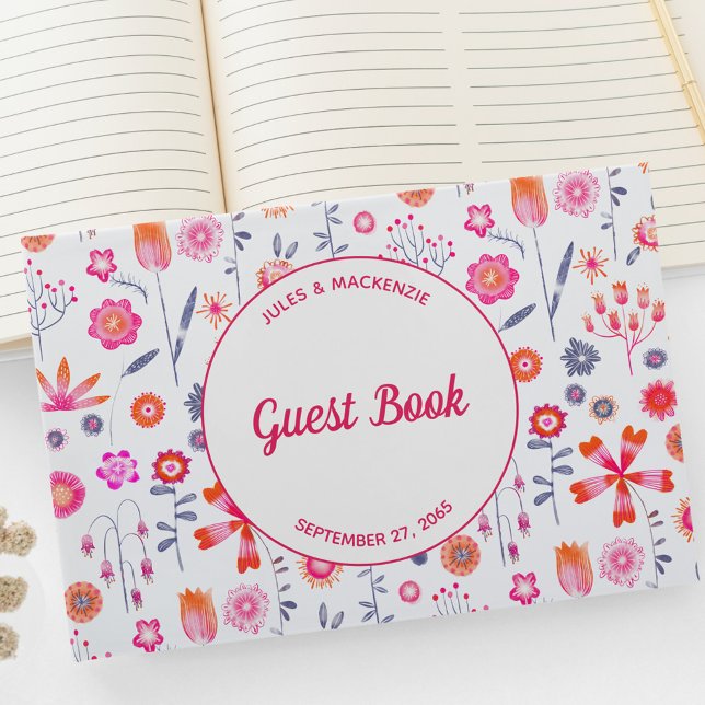 Modern Pink Floral Boho Wedding Guest Book (Pretty modern pink floral wedding guest book)