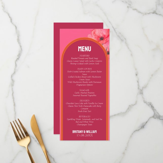 Modern Pink Floral Bold Wedding Flat Menu (Front/Back In Situ)