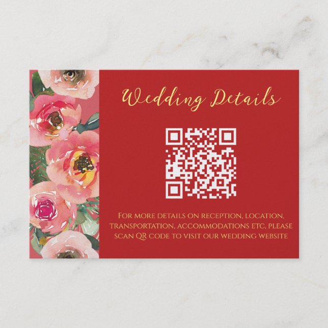 Modern pink floral border chinese wedding QR code Enclosure Card (Front)