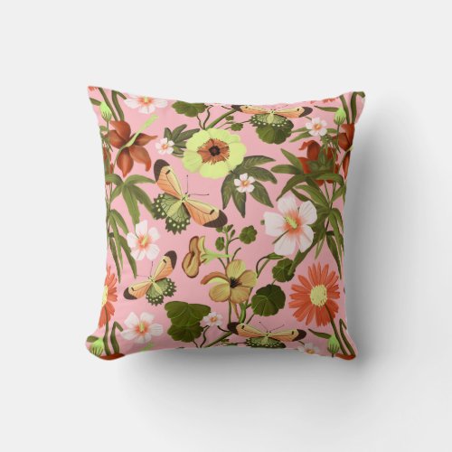 Modern Pink Floral Botanical Butterfly Pattern Throw Pillow