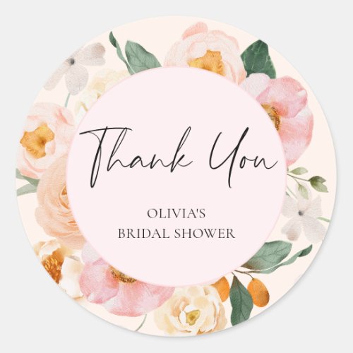 Modern Pink Floral Bridal Shower Thank You Classic Round Sticker