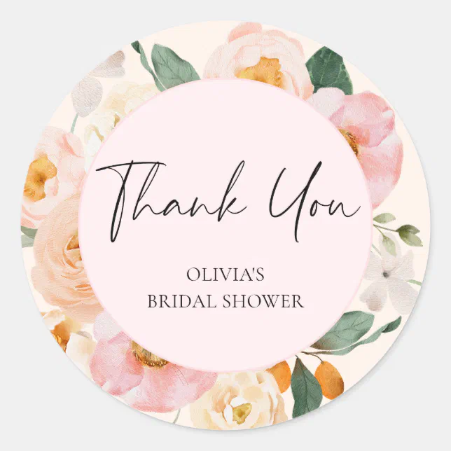 Modern Pink Floral Bridal Shower Thank You Classic Round Sticker | Zazzle