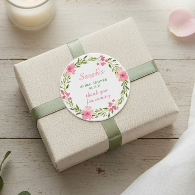 Modern Pink Floral Bridal Shower Thank You Classic Round Sticker (Creator Uploaded)