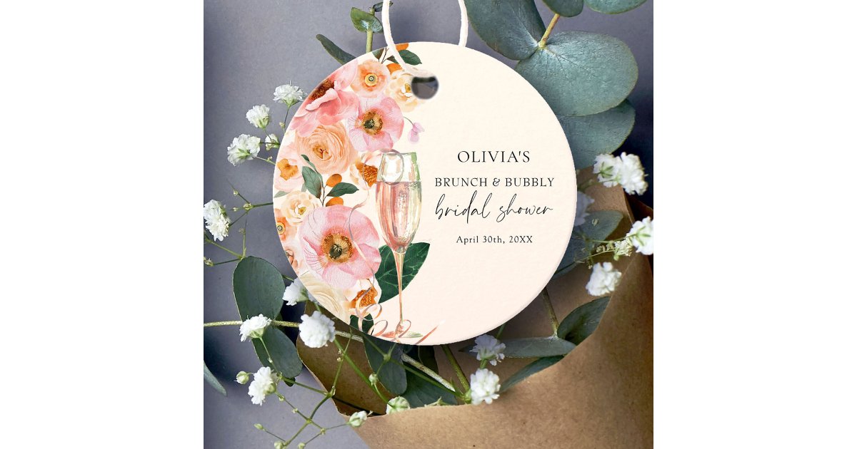 Modern Pink Floral Brunch & Bubbly Bridal Shower Favor Tags | Zazzle