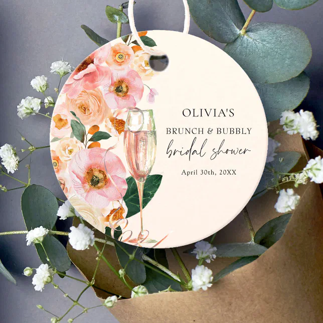 Modern Pink Floral Brunch & Bubbly Bridal Shower Favor Tags | Zazzle
