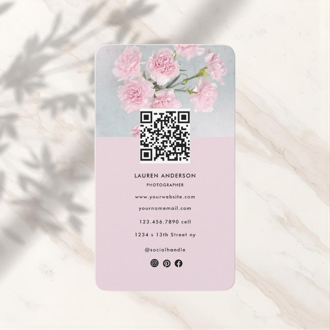Modern Pink Floral Business Card with Photo & QR  (Creator Uploaded)