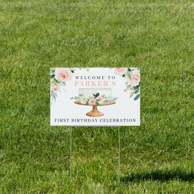 Modern Pink Floral Cake First Birthday Yard Sign (Insitu)