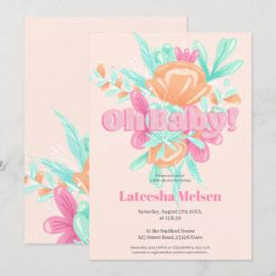 Modern pink floral calligraphy retro baby shower invitation