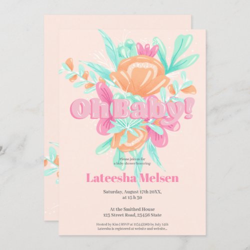 Modern pink floral calligraphy retro baby shower invitation