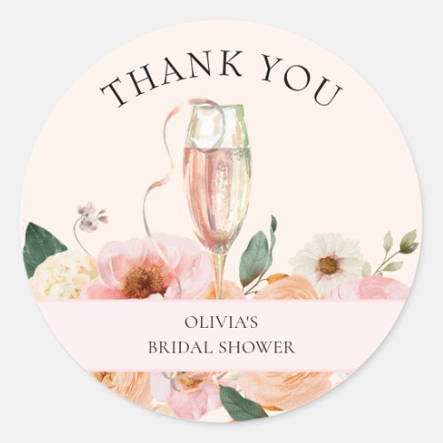 Modern Pink Floral Champagne Bridal Shower Classic Round Sticker