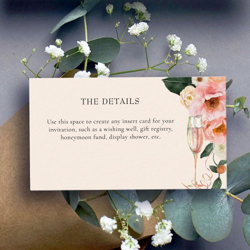 Modern Pink Floral Champagne Bridal Shower  Enclosure Card