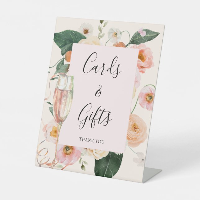 Modern Pink Floral Champagne Bridal Shower Pedestal Sign (Front)