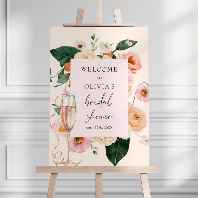 Modern Pink Floral Champagne Bridal Shower Welcome Foam Board (Creator Uploaded)
