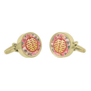 Modern pink floral chinese wedding double happines cufflinks