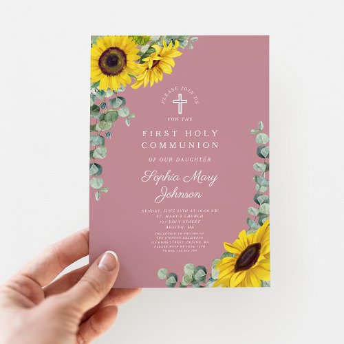 Modern Pink Floral Cross First Communion Invitation