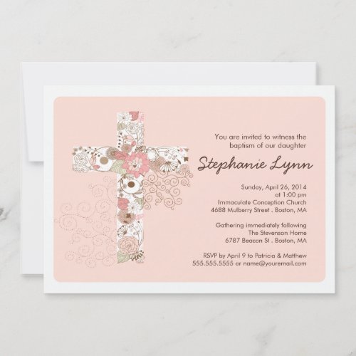 Modern Pink Floral Cross Girls Baptism Invitation 5" X 7" Invitation Card