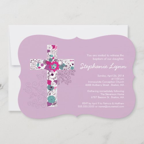 Modern Pink Floral Cross Girls Baptism Invitation 5" X 7" Invitation Card