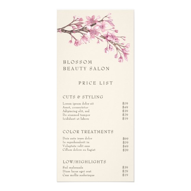 Modern Pink Floral Elegant Price List Rack Card (Front)
