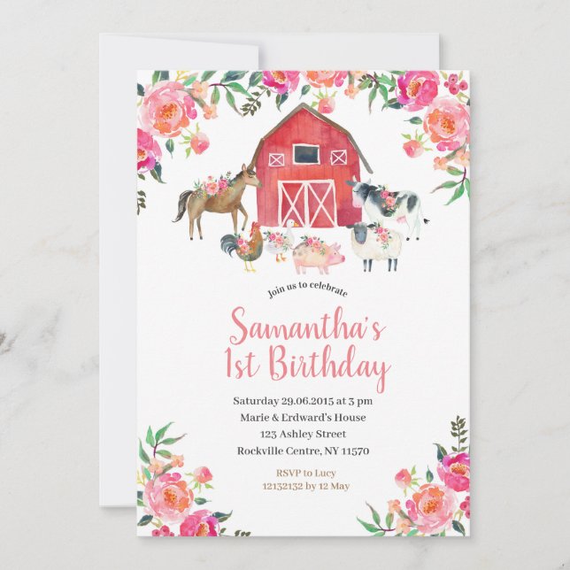 Modern Pink Floral Farm 1st Birthday Invitation (Front)
