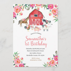 Modern Pink Floral Farm 1st Birthday Invitation