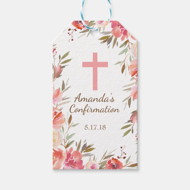 Modern Pink Floral First Confirmation Gift Tag (Front)