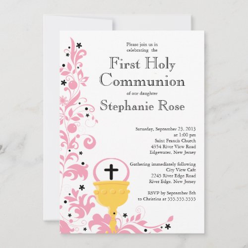 Modern Pink Floral First Holy Communion Invitation