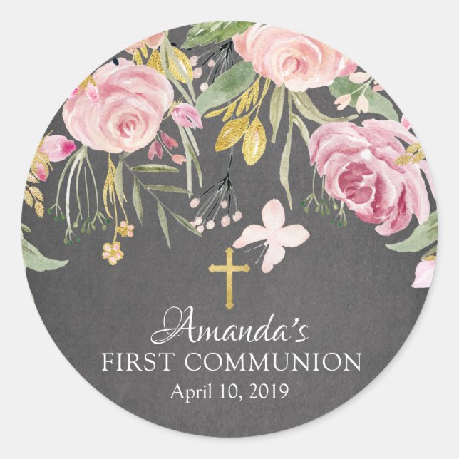 Modern Pink Floral First Holy Communion Sticker (Front)