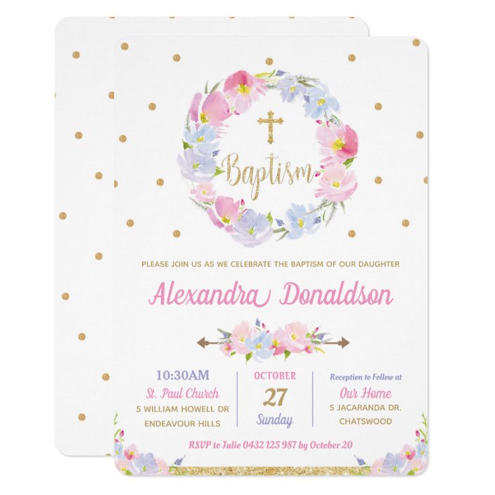 Modern Pink Floral Flowers Baptism Christening Invitation 