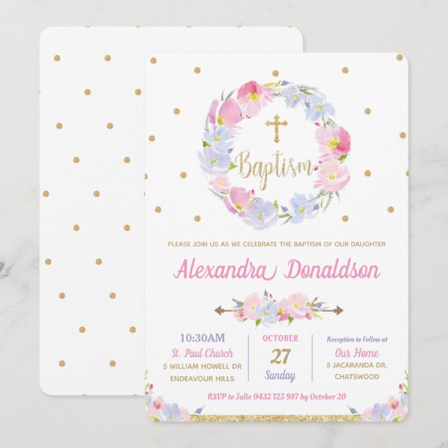 Modern Pink Floral Flowers Baptism Christening Invitation (Front/Back)