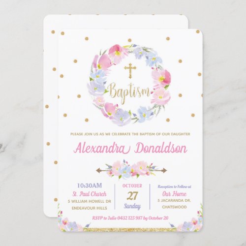 Modern Pink Floral Flowers Baptism Christening Invitation