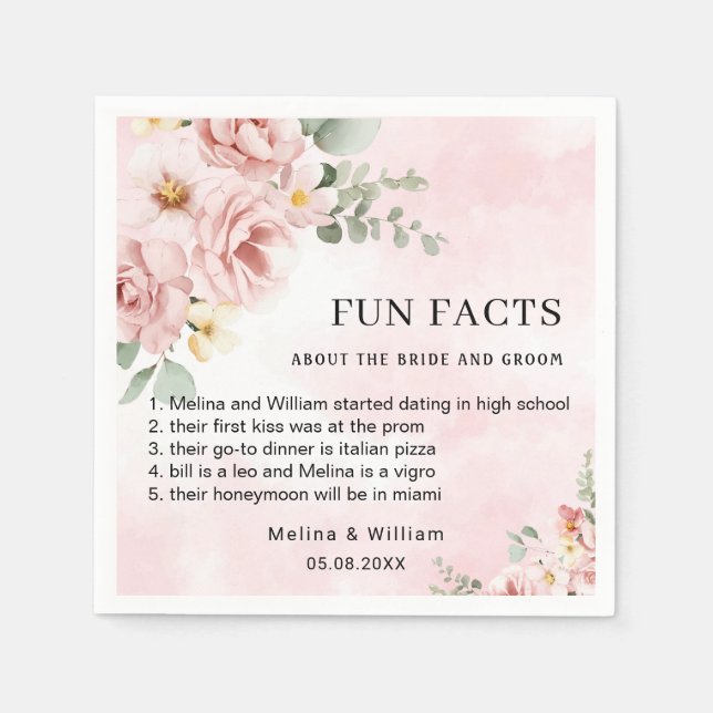 Modern Pink Floral Fun Facts Wedding  Napkins (Front)