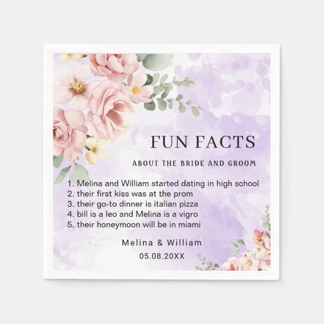 Modern Pink Floral Fun Facts Wedding  Napkins (Front)