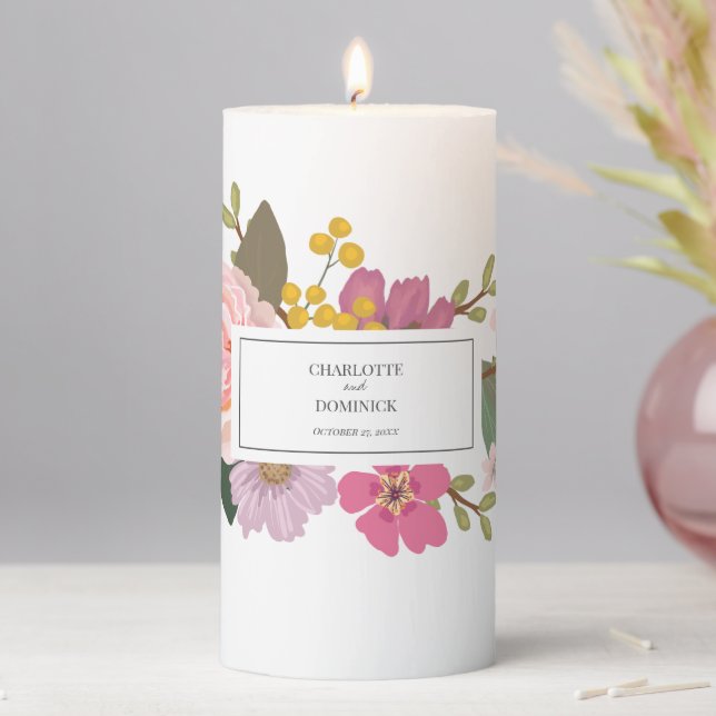 Modern Pink Floral Garden Spring Wedding   Pillar Candle (In Situ)