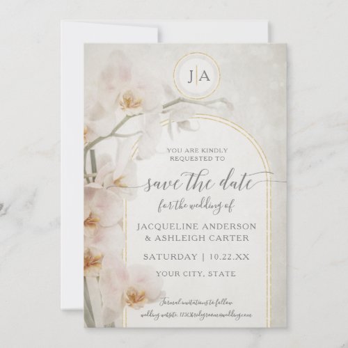 Modern Pink Floral Geometric Gold Glitter Orchids Save The Date