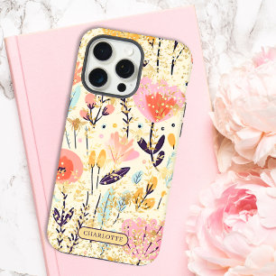 Modern Pink Floral Glitter Chic Personalized Name iPhone 15 Pro Max Case