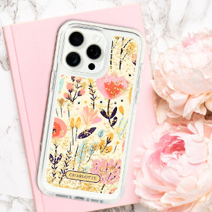 Modern Pink Floral Glitter Chic Personalized Name iPhone 15 Pro Max Case