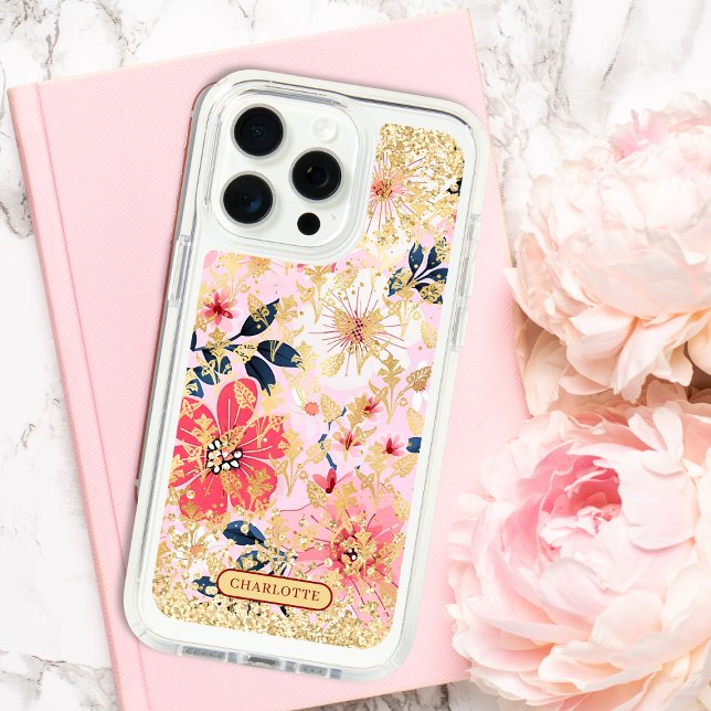 Modern Pink Floral Glitter Chic Personalized Name Speck iPhone Case (Creator Uploaded)