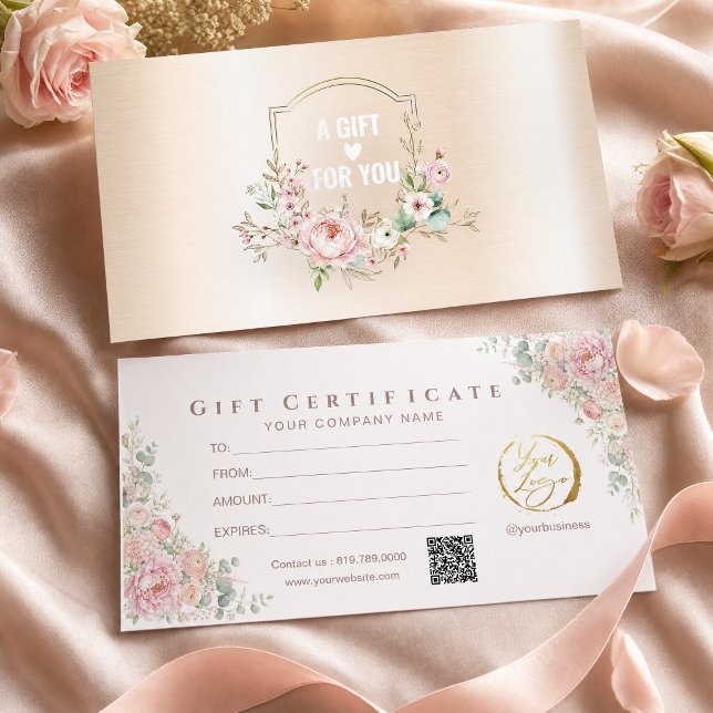 Modern Pink Floral Gold Gift Certificate (#certificate #giftcard #pinkfloralvoucher #pinkfloralandgold #luxurygiftcard #beautysalon #romantic)