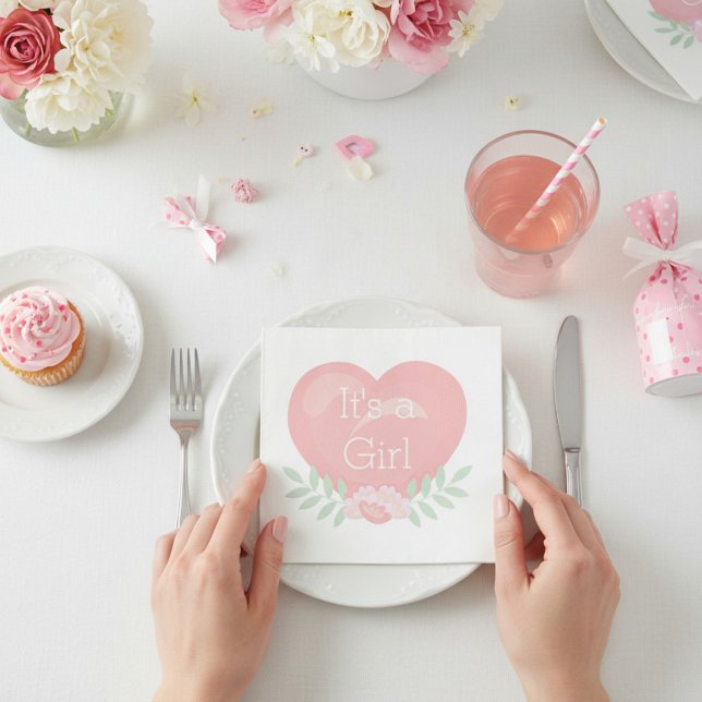 Modern Pink Floral Heart It's A Girl Baby Shower Napkins (Creator Uploaded)