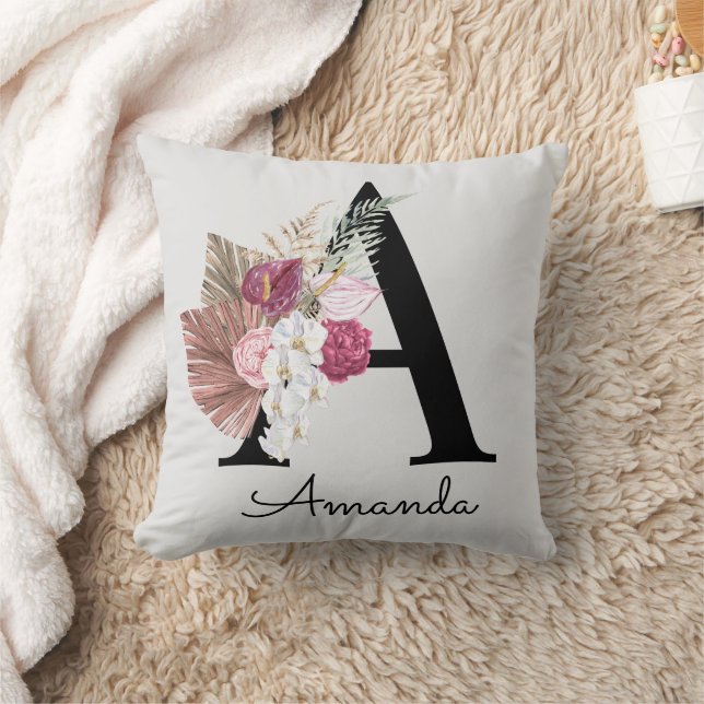 Modern Pink Floral Initial A Throw Pillow (Blanket)