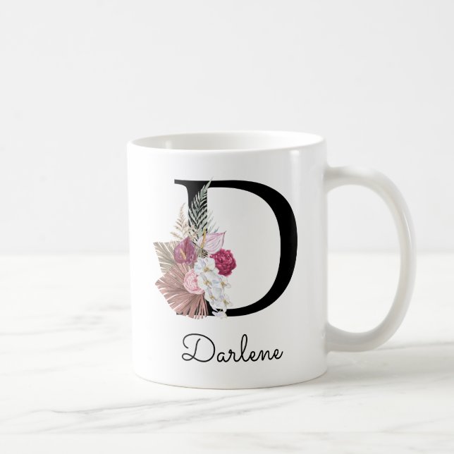 Modern Pink Floral Initial D Coffee Mug (Right)