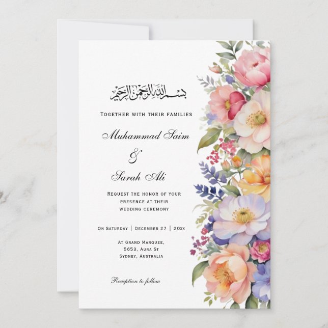 Modern Pink Floral Islamic Muslim Invitation (Front)