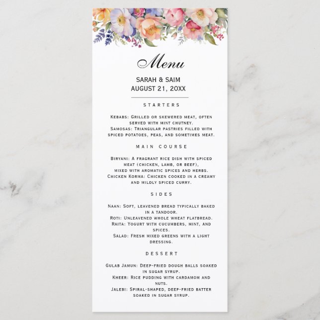 Modern Pink Floral Islamic Muslim Menu Card (Front)