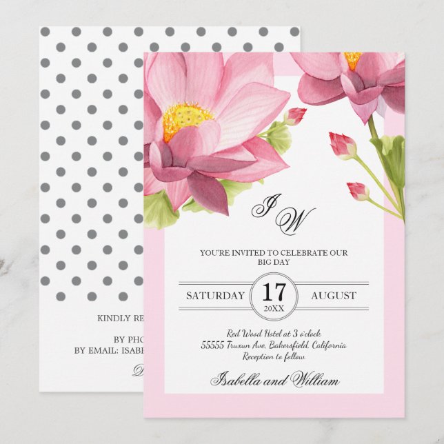 Modern Pink Floral Lotus Flower Wedding Invitation (Front/Back)