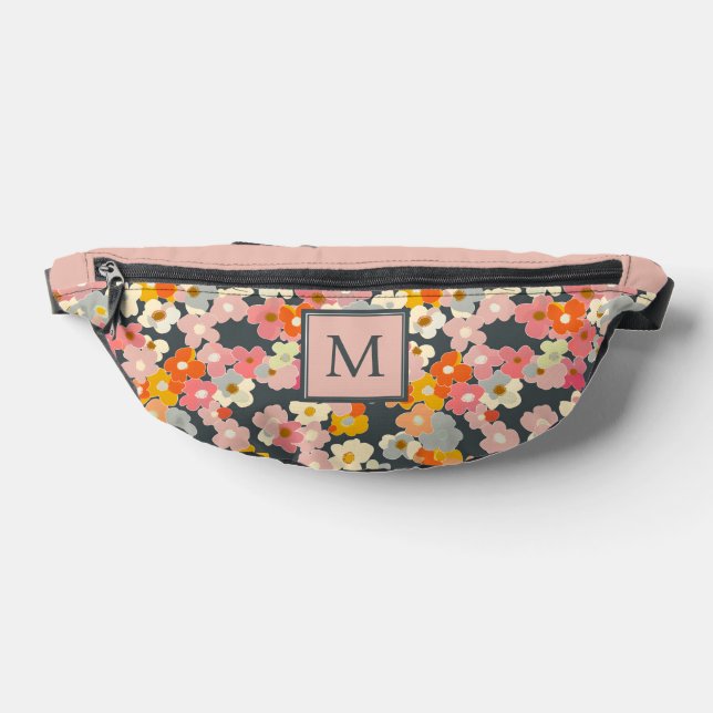 Modern Pink Floral Monogram Initial Fanny Pack (Lay Down)