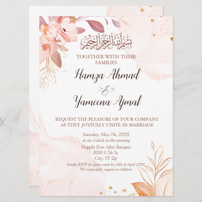 Modern Pink Floral Muslim Islamic Wedding  Invitation (Front/Back)