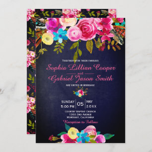 Modern Pink Floral Navy Blue Typography Wedding Invitation